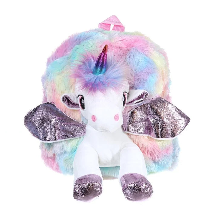 Fluffy Rainbow Unicorn Backpack - pink