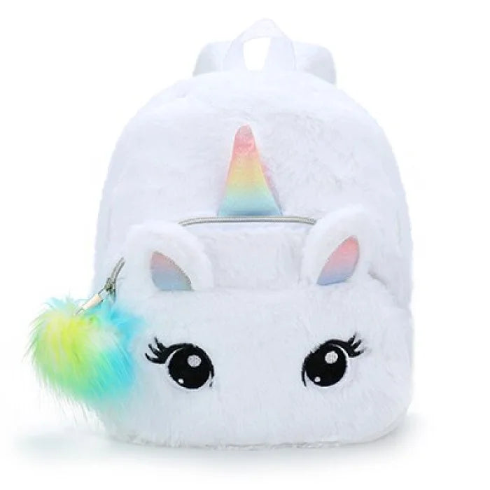 Pink Fluffy Unicorn Backpack - White (30x25x10cm)