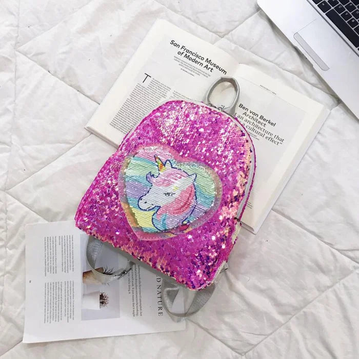 Pink Sequin Unicorn Backpack - Rose red / 23x11x28cm