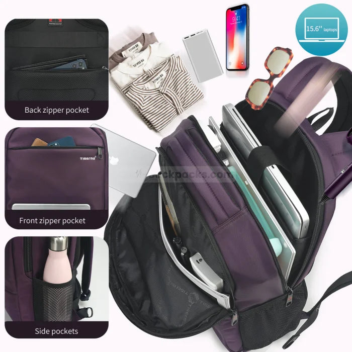 Purple Anti Theft Backpack - 3032C Purple 15.6